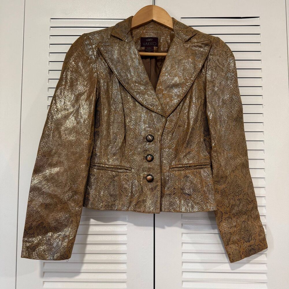 VAKKO Genuine Leather Blazer Jacket Womens Metallic Gold Snakeskin Print Y2K